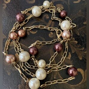 Rare Gold-tone Link Chain Faux Pearl Cream and Brown Station Long Necklace